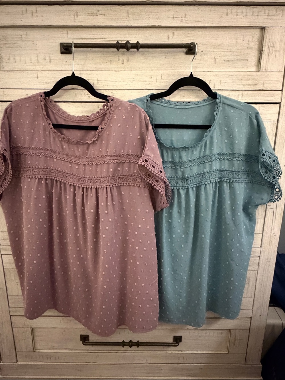 Bundle of 2 Short Sleeve Eyelet Blouses in Purple & Blue